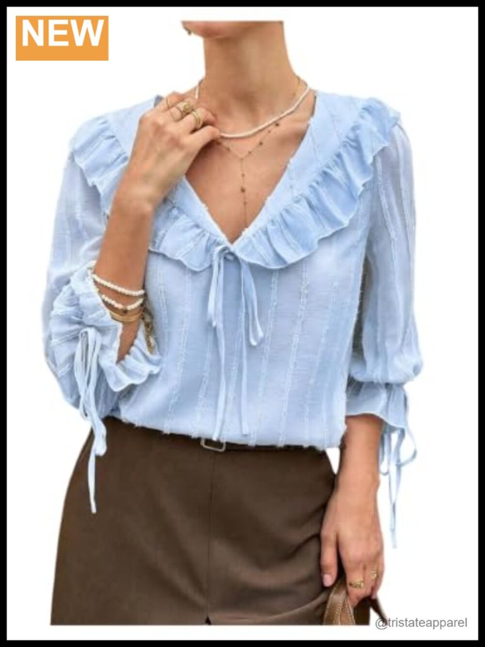 Ruffle Blouse 3/4 Sleeve Deep V-Neck Tie Front